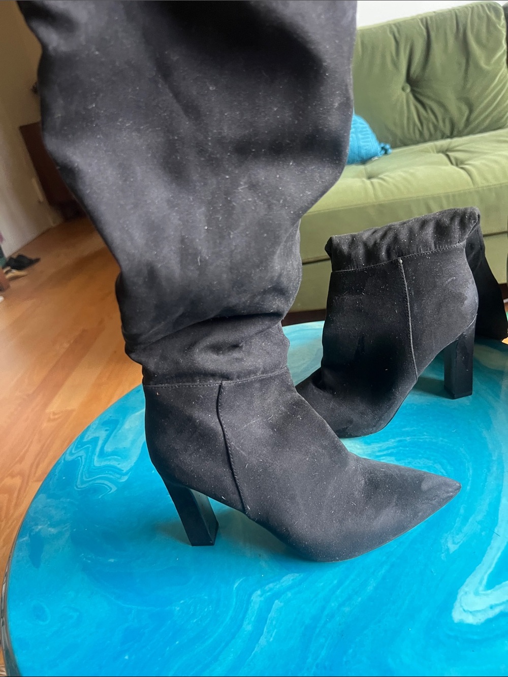 Jennifer Lopez Black Suede Pointed Toe Mid-Calf Block Heel Boots